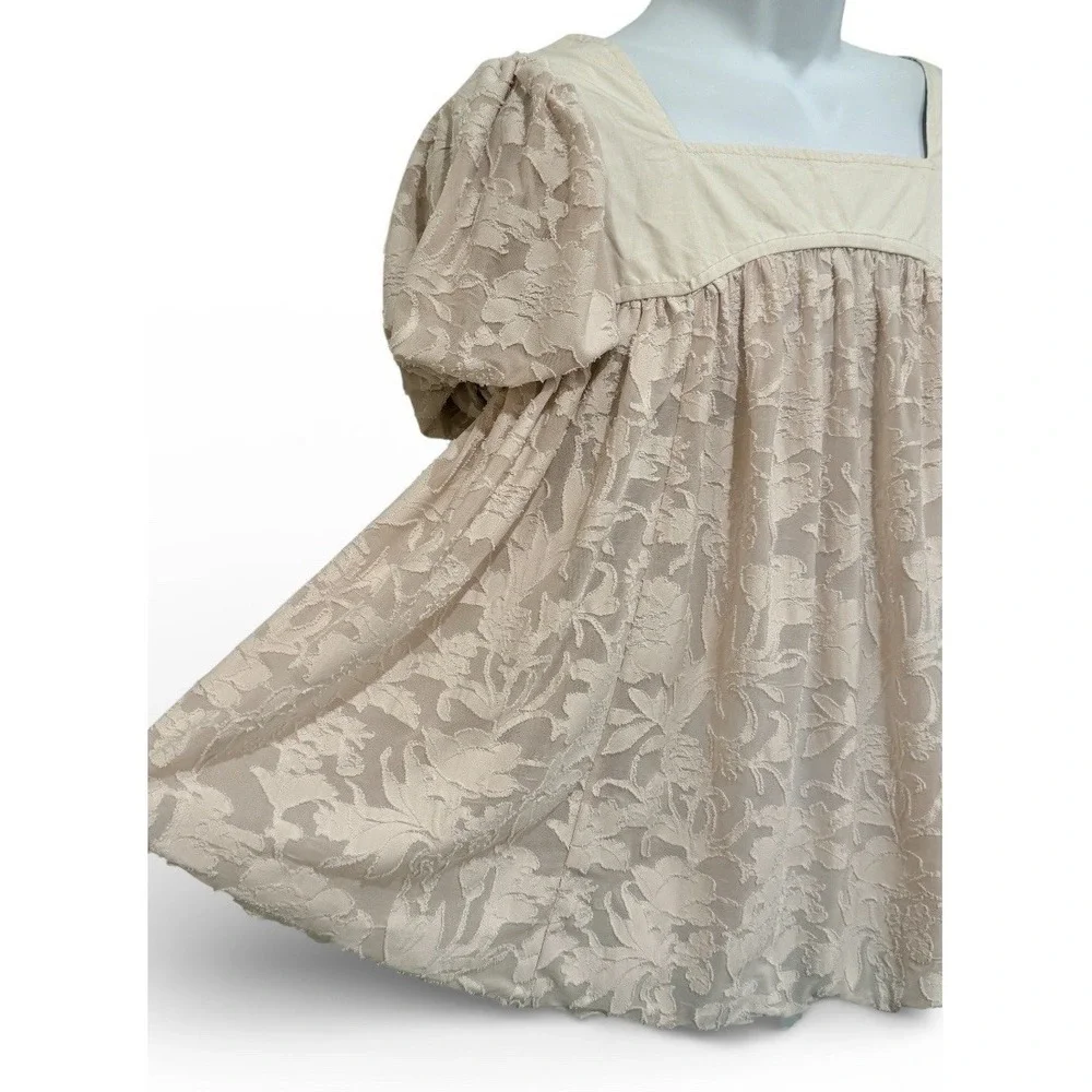Free People Top M Blush‎ Lace Babydoll Tunic Puff Sleeve Boho Romantic Whimsy